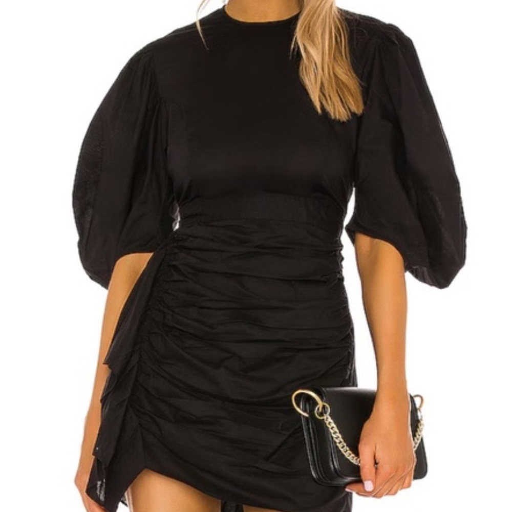 RHODE Womens Pia Black Ruched Slim Fit Puff Sleeve Mini Dress LBD 2